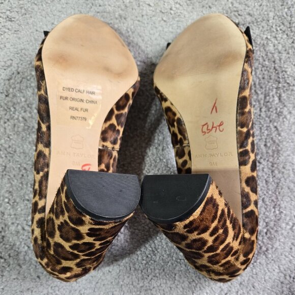 Ann Taylor Leopard Print Calf Hair Leather Round Toe Chunky Heel Pumps Bow - Picture 6 of 10
